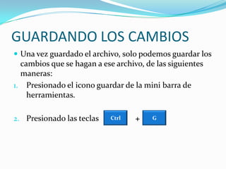 VISTA.- Es el modo de visualizar nuestros archivos, existen ocho modos, los más útiles son detalles y lista.GUARDAR EN NUEVA CARPETASi queremos guardar nuestro archivo en una nueva carpeta, lo podemos crear al momento de guardar, presionando sobre el botón NUEVA CARPETA y dándole un nombre para luego dar doble clic sobre él.