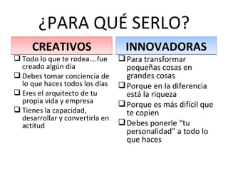 ¿PARA QUÉ SERLO? CREATIVOS Todo lo que te rodea….fue creado algún día Debes tomar conciencia de lo que haces todos los días Eres el arquitecto de tu propia vida y empresa Tienes la capacidad, desarrollar y convertirla en actitud INNOVADORAS Para transformar pequeñas cosas en grandes cosas Porque en la diferencia está la riqueza Porque es más difícil que te copien  Debes ponerle “tu personalidad” a todo lo que haces 
