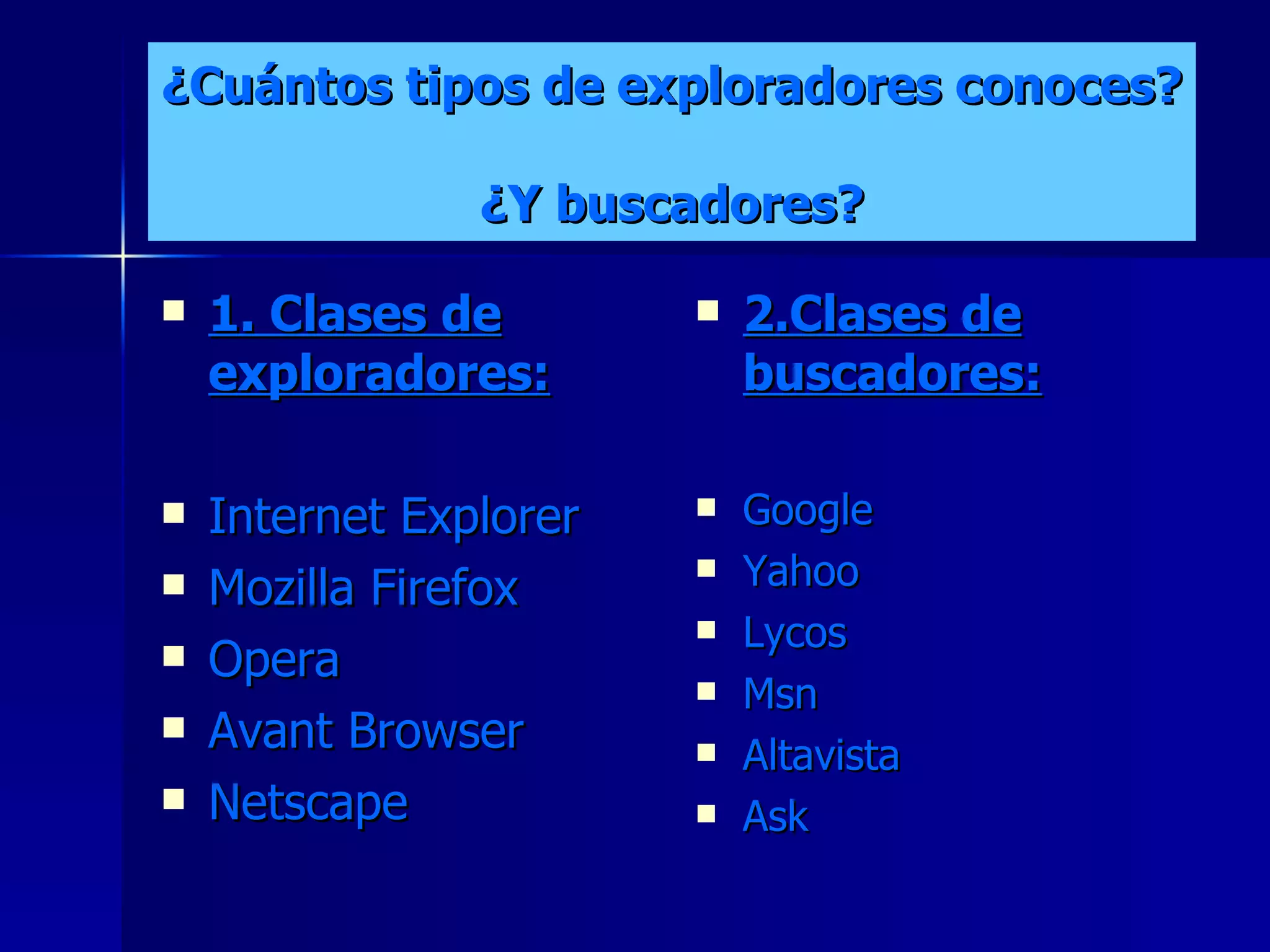¿Cuántos tipos de exploradores conoces?  ¿Y buscadores? 1. Clases de exploradores: Internet Explorer Mozilla Firefox Opera Avant Browser Netscape 2.Clases de buscadores: Google Yahoo Lycos Msn Altavista Ask 