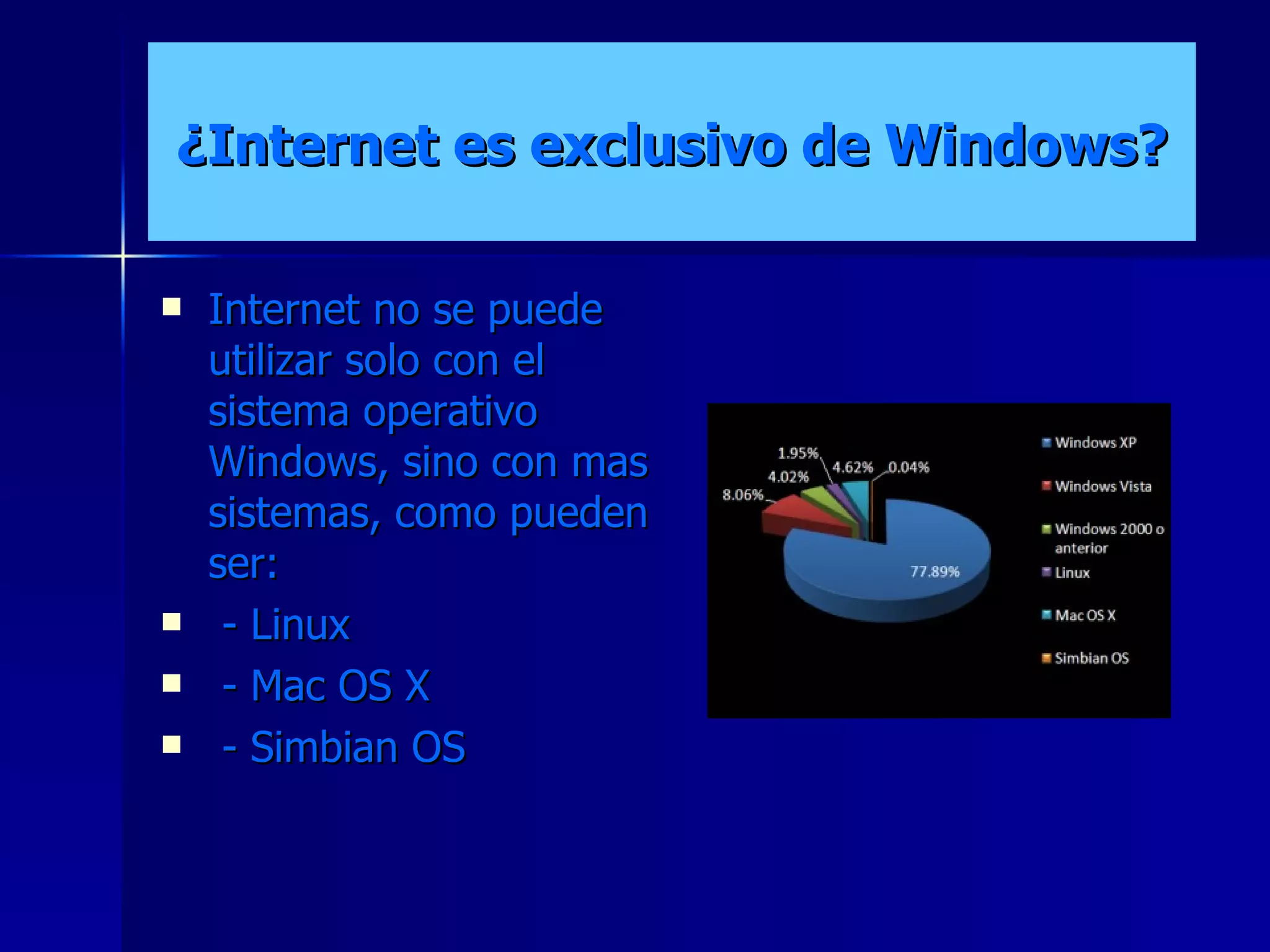 ¿Internet es exclusivo de Windows? Internet no se puede utilizar solo con el sistema operativo Windows, sino con mas sistemas, como pueden ser: - Linux - Mac OS X - Simbian OS 