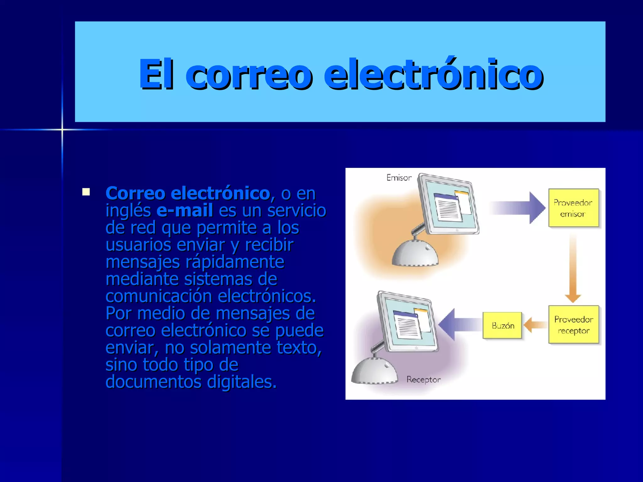 El correo electrónico Correo electrónico , o en inglés  e-mail  es un servicio de red que permite a los usuarios enviar y recibir mensajes rápidamente mediante sistemas de comunicación electrónicos. Por medio de mensajes de correo electrónico se puede enviar, no solamente texto, sino todo tipo de documentos digitales.  