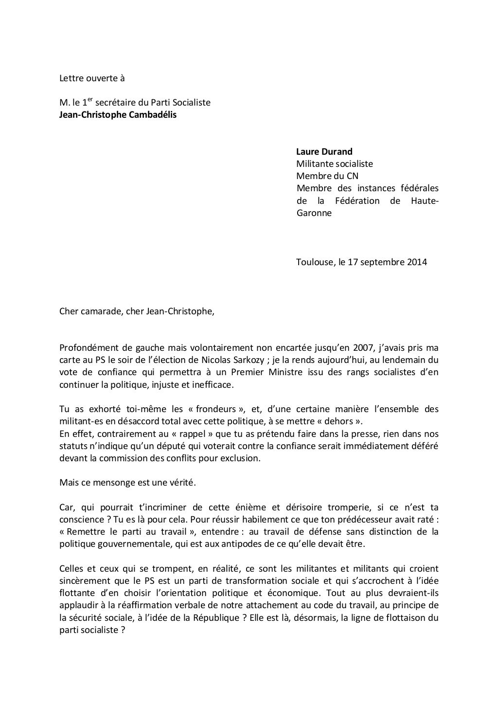 Lettre de démission Laure Durand