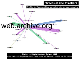 Traces of the Trackers
                        Tracking the Trackers: A historical analysis using the Internet Archive




                Digital Methods Summer School 2012
Anne Helmond, Hugo Huurdeman, Thaer Samar, Nili Steinfeld, Lonneke van der Velden
 