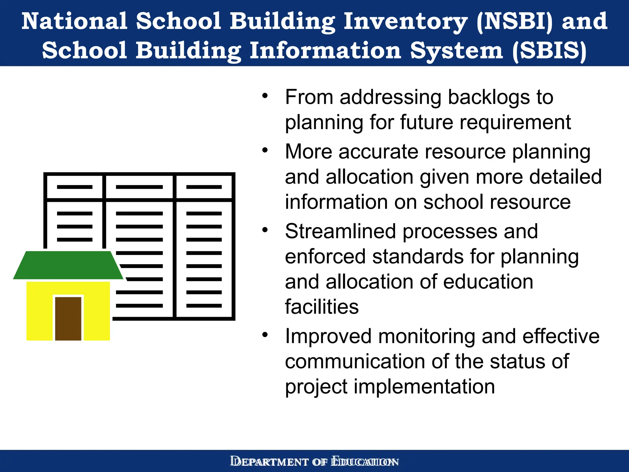 DEPARTMENT OF EDUCATION
National School Building Inventory (NSBI) and
School Building Information System (SBIS)
• From addressing backlogs to
planning for future requirement
• More accurate resource planning
and allocation given more detailed
information on school resource
• Streamlined processes and
enforced standards for planning
and allocation of education
facilities
• Improved monitoring and effective
communication of the status of
project implementation
 