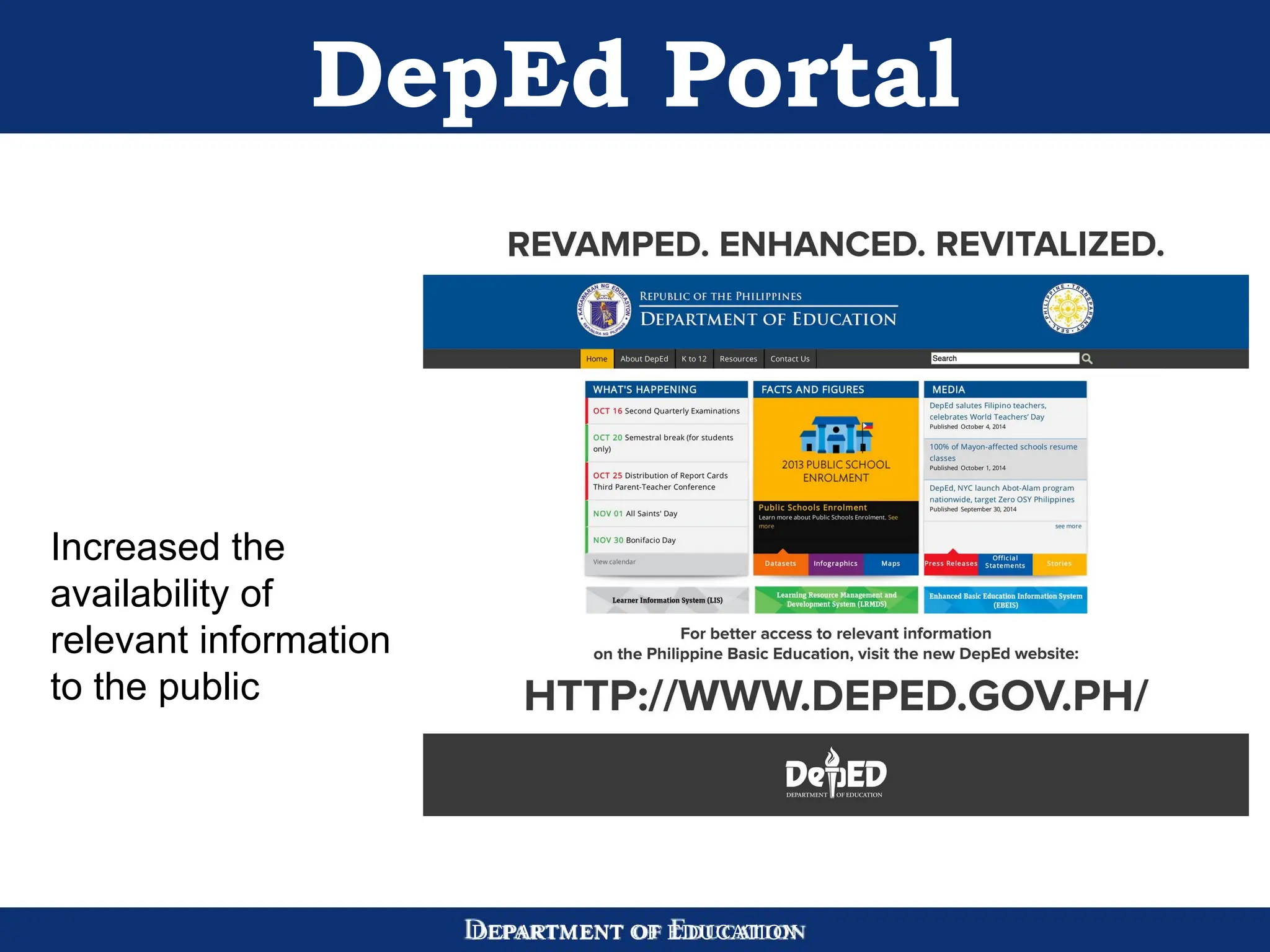 DEPARTMENT OF EDUCATION
DepEd Portal
Increased the
availability of
relevant information
to the public
 