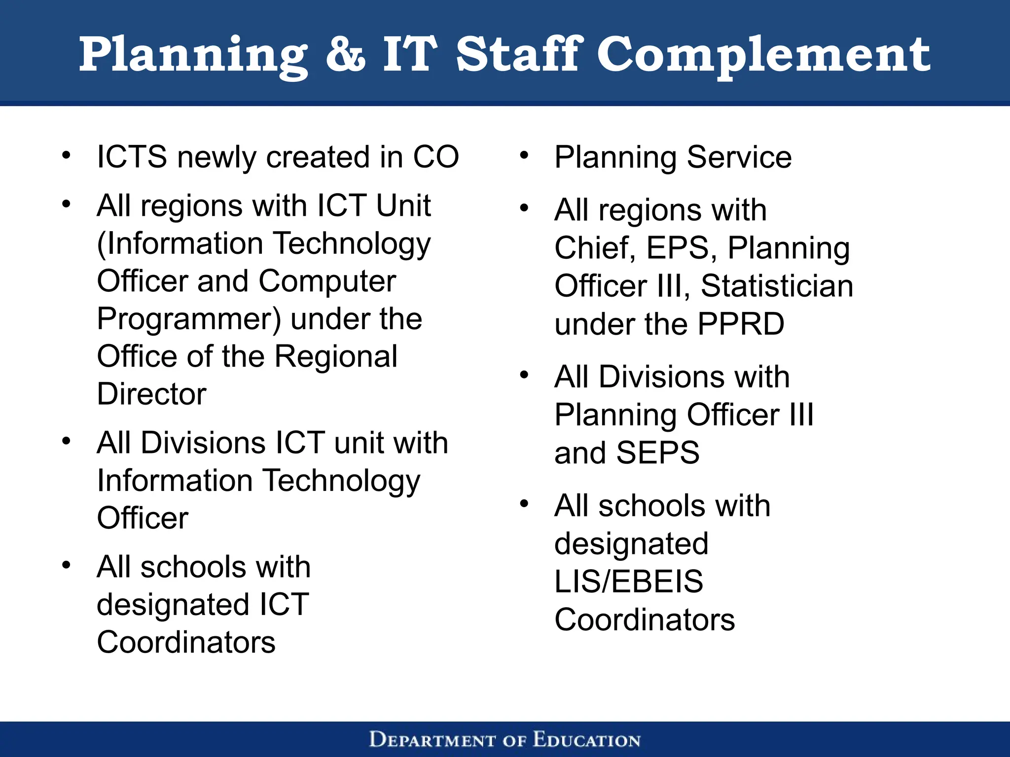 Planning & IT Staff Complement
• ICTS newly created in CO
• All regions with ICT Unit
(Information Technology
Officer and Computer
Programmer) under the
Office of the Regional
Director
• All Divisions ICT unit with
Information Technology
Officer
• All schools with
designated ICT
Coordinators
• Planning Service
• All regions with
Chief, EPS, Planning
Officer III, Statistician
under the PPRD
• All Divisions with
Planning Officer III
and SEPS
• All schools with
designated
LIS/EBEIS
Coordinators
 