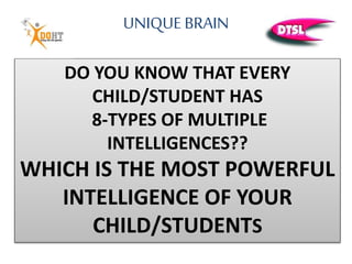 UNIQUE BRAIN
DO YOU KNOW THAT EVERY
CHILD/STUDENT HAS
8-TYPES OF MULTIPLE
INTELLIGENCES??
WHICH IS THE MOST POWERFUL
INTELLIGENCE OF YOUR
CHILD/STUDENTS
 
