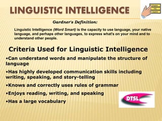 Gardner's Definition:
Linguistic Intelligence (Word Smart) is the capacity to use language, your native
language, and perhaps other languages, to express what's on your mind and to
understand other people.
Criteria Used for Linguistic Intelligence
•Can understand words and manipulate the structure of
language
•Has highly developed communication skills including
writing, speaking, and story-telling
•Knows and correctly uses rules of grammar
•Enjoys reading, writing, and speaking
•Has a large vocabulary
LINGUISTIC INTELLIGENCE
 
