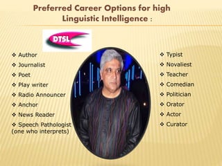 Preferred Career Options for high
Linguistic Intelligence :
 Author
 Journalist
 Poet
 Play writer
 Radio Announcer
 Anchor
 News Reader
 Speech Pathologist
(one who interprets)
 Typist
 Novaliest
 Teacher
 Comedian
 Politician
 Orator
 Actor
 Curator
 