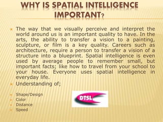 WHY IS SPATIAL INTELLIGENCE
IMPORTANT?
 The way that we visually perceive and interpret the
world around us is an important quality to have. In the
arts, the ability to transfer a vision to a painting,
sculpture, or film is a key quality. Careers such as
architecture, require a person to transfer a vision of a
structure into a blueprint. Spatial intelligence is even
used by average people to remember small, but
important facts; like how to travel from your school to
your house. Everyone uses spatial intelligence in
everyday life.
 Understanding of;
 Shape/Design
 Color
 Distance
 Speed
 
