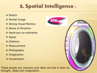 3. Spatial Intelligence :
 Sketch
 Mental Image
 Strong Visual Memory
 Sense of Direction
 Hand-eye co-ordination
 Space
 Distance
 Measurement
 Photography
 Imagination
 Visualization
These people are visionary and often are lost in their on
thought, ideas and imagination.
 
