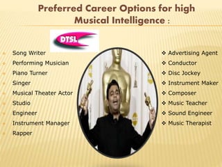 Preferred Career Options for high
Musical Intelligence :
 Song Writer
 Performing Musician
 Piano Turner
 Singer
 Musical Theater Actor
 Studio
 Engineer
 Instrument Manager
 Rapper
 Advertising Agent
 Conductor
 Disc Jockey
 Instrument Maker
 Composer
 Music Teacher
 Sound Engineer
 Music Therapist
 