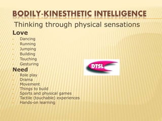BODILY-KINESTHETIC INTELLIGENCE
Thinking through physical sensations
Love
 Dancing
 Running
 Jumping
 Building
 Touching
 Gesturing
Need
 Role play
 Drama
 Movement
 Things to build
 Sports and physical games
 Tactile (touchable) experiences
 Hands-on learning
 