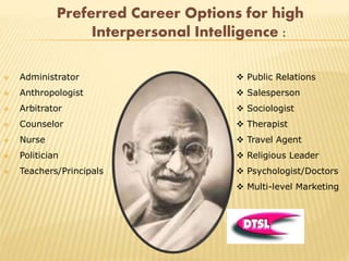 Preferred Career Options for high
Interpersonal Intelligence :
 Administrator
 Anthropologist
 Arbitrator
 Counselor
 Nurse
 Politician
 Teachers/Principals
 Public Relations
 Salesperson
 Sociologist
 Therapist
 Travel Agent
 Religious Leader
 Psychologist/Doctors
 Multi-level Marketing
 