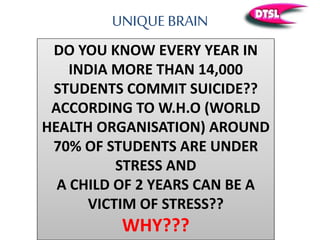DO YOU KNOW EVERY YEAR IN
INDIA MORE THAN 14,000
STUDENTS COMMIT SUICIDE??
ACCORDING TO W.H.O (WORLD
HEALTH ORGANISATION) AROUND
70% OF STUDENTS ARE UNDER
STRESS AND
A CHILD OF 2 YEARS CAN BE A
VICTIM OF STRESS??
WHY???
UNIQUE BRAIN
 