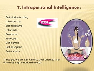 7. Intrapersonal Intelligence :
Self Understanding
Introspective
Self-reflective
Introverts
Emotional
Perfection
Self-centric
Self-discipline
Self-esteem
These people are self centric, goal oriented and
driven by high emotional energy.
 
