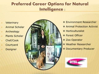 Preferred Career Options for Natural
Intelligence :
 Veterinary
 Animal Scholar
 Archeology
 Plants Scholar
 Chef/Cook
 Courtyard
 Designer
 Environment Researcher
 Animal Protection Activist
 Horticulturalist
 Forest Officer
 Zoo Operator
 Weather Researcher
 Documentary Producer
 