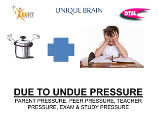 DUE TO UNDUE PRESSURE
PARENT PRESSURE, PEER PRESSURE, TEACHER
PRESSURE, EXAM & STUDY PRESSURE
UNIQUE BRAIN
 