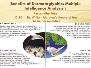 Benefits of Dermatoglyphics Multiple
Intelligence Analysis ?
Personality Type
DISC - Dr. William Marston’s theory of four
basic personalities
 