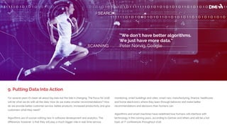 For several years it’s been all about big data but the tide is changing. The focus for 2016
will be what we do with all the data. How do we make smarter recommendations? How
do we provide better customer service, better products, increased productivity and give
customers what they need?
Algorithms are of course nothing new in software development and analytics. The
difference, however, is that they will play a much bigger role in real-time service
monitoring, smart buildings and cities, smart cars, manufacturing, finance, healthcare
and home electronics where they learn through behavior and make better
recommendations and decisions than humans can.
Algorithms and smart machines have redefined how humans will interface with
technology in the coming years, according to Gartner and others and will be a hot
topic at IT conferences throughout 2016.
9. Putting Data Into Action
“We don’t have better algorithms.
We just have more data.”
Peter Norvig, Google
 