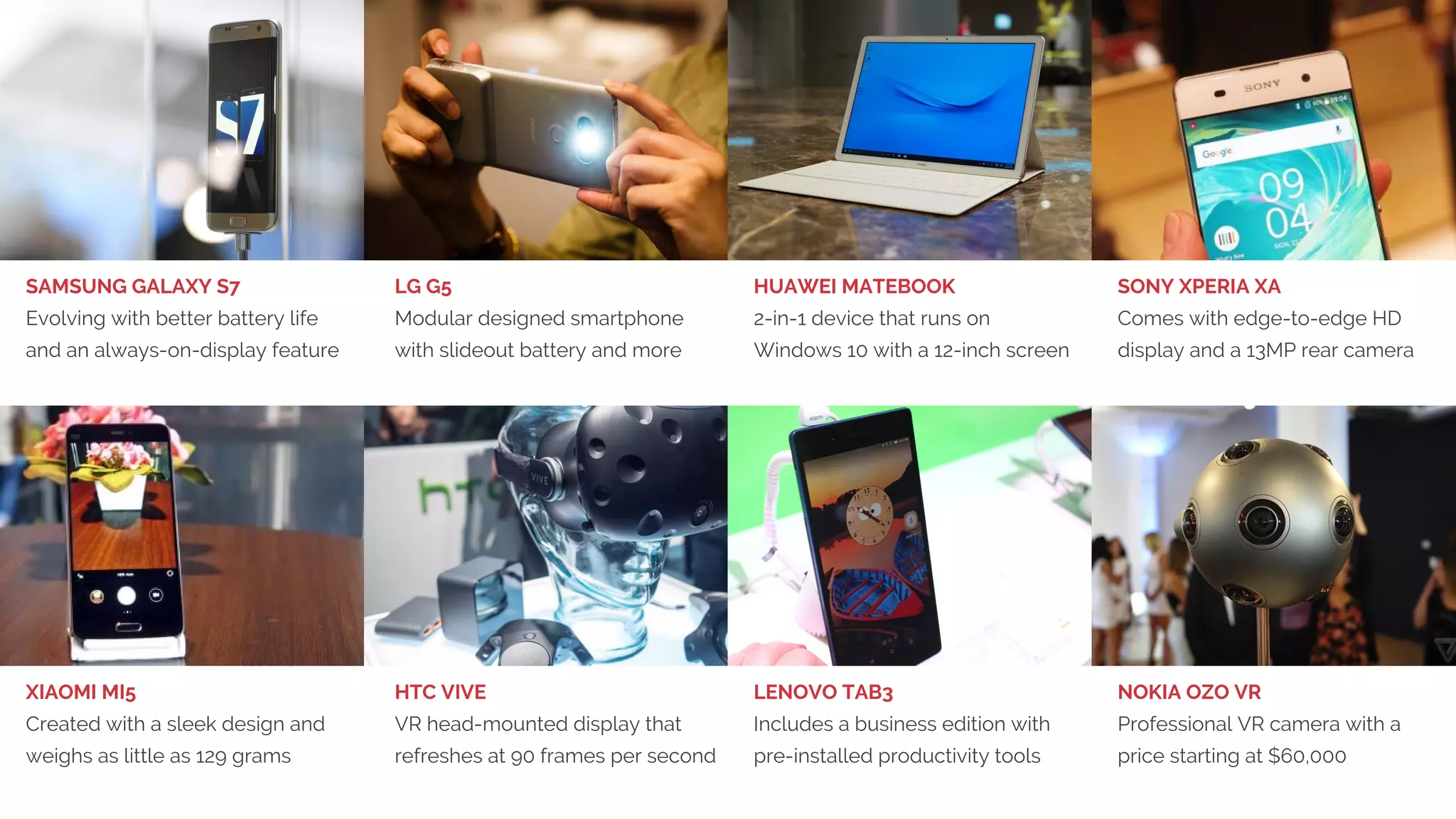 1. BIG DEVICE LAUNCHES,
LITTLE EXCITEMENT
All major device manufacturers launched new devices during MWC,
whether it was smartphones, tablets, virtual reality kits or something
else. Find our top 8 on the following slide. In addition to this 20+ other
handsets launched by brands we’ve never heard of such as Zopo,
General Mobile, Intex, Gionee, Archos and Meizu. Saturated market?
Wireless charging made another attempt, but the only high profile
device support was Samsung Galaxy S7 (and Edge) supporting Qi
and PowerMat. In summary, wireless power is still a tangled mess.
The lack of focus on tablets this year was also quite telling. In many
cases they are being replaced by large smartphones.
3. Big Device Launches, Little Excitement
 