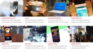 1. BIG DEVICE LAUNCHES,
LITTLE EXCITEMENT
All major device manufacturers launched new devices during MWC,
whether it was smartphones, tablets, virtual reality kits or something
else. Find our top 8 on the following slide. In addition to this 20+ other
handsets launched by brands we’ve never heard of such as Zopo,
General Mobile, Intex, Gionee, Archos and Meizu. Saturated market?
Wireless charging made another attempt, but the only high profile
device support was Samsung Galaxy S7 (and Edge) supporting Qi
and PowerMat. In summary, wireless power is still a tangled mess.
The lack of focus on tablets this year was also quite telling. In many
cases they are being replaced by large smartphones.
3. Big Device Launches, Little Excitement
 