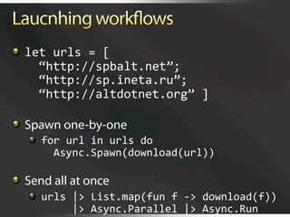   let urls = [ 
      “http://spbalt.net”; 
      “http://sp.ineta.ru”; 
      “http://altdotnet.org” ]


   Spawn one-by-one
   
   for url in urls do 
         Async.Spawn(download(url))


   Send all at once
   
   urls |> List.map(fun f ‐> download(f)) 
            |> Async.Parallel |> Async.Run 
 