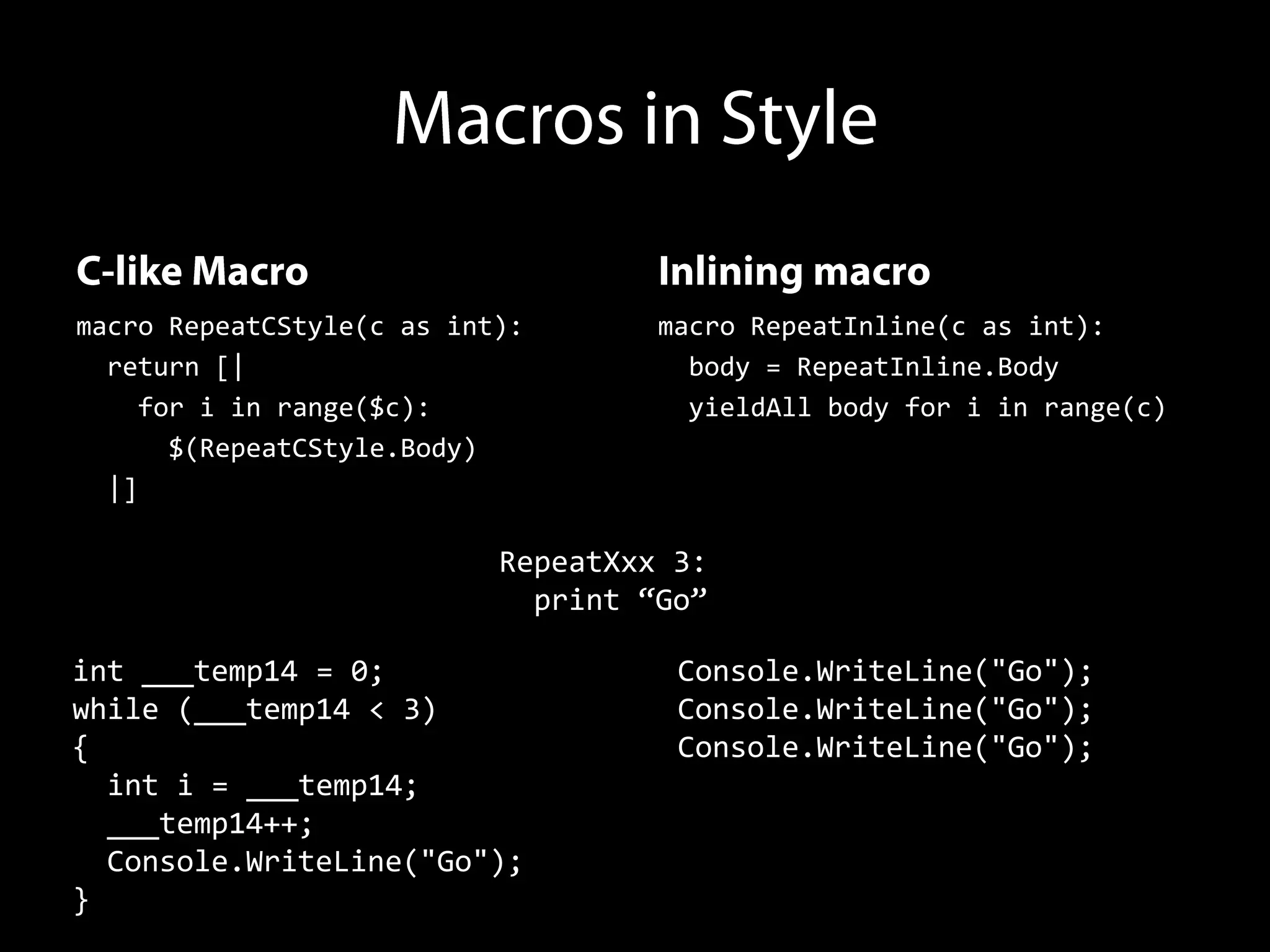 macro RepeatCStyle(c as int):       macro RepeatInline(c as int):
  return [|                           body = RepeatInline.Body
    for i in range($c):               yieldAll body for i in range(c)
      $(RepeatCStyle.Body)
  |]

                           RepeatXxx 3:
                             print “Go”

int ___temp14 = 0;                   Console.WriteLine("Go");
while (___temp14 < 3)                Console.WriteLine("Go");
{                                    Console.WriteLine("Go");
  int i = ___temp14;
  ___temp14++;
  Console.WriteLine("Go");
}
 