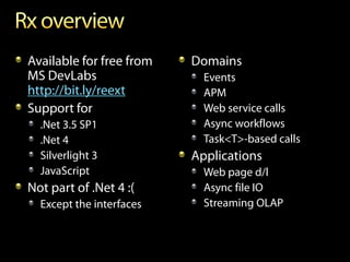 Available for free from   Domains
MS DevLabs                  Events
http://bit.ly/reext         APM
Support for                 Web service calls
  .Net 3.5 SP1              Async workflows
  .Net 4                    Task<T>-based calls
  Silverlight 3           Applications
  JavaScript                Web page d/l
Not part of .Net 4 :(       Async file IO
  Except the interfaces     Streaming OLAP
 