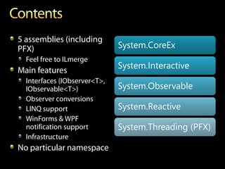 5 assemblies (including
PFX)                          System.CoreEx
  Feel free to ILmerge
Main features
                              System.Interactive
  Interfaces (IObserver<T>,
  IObservable<T>)             System.Observable
  Observer conversions
  LINQ support                System.Reactive
  WinForms & WPF
  notification support        System.Threading (PFX)
  Infrastructure
No particular namespace
 