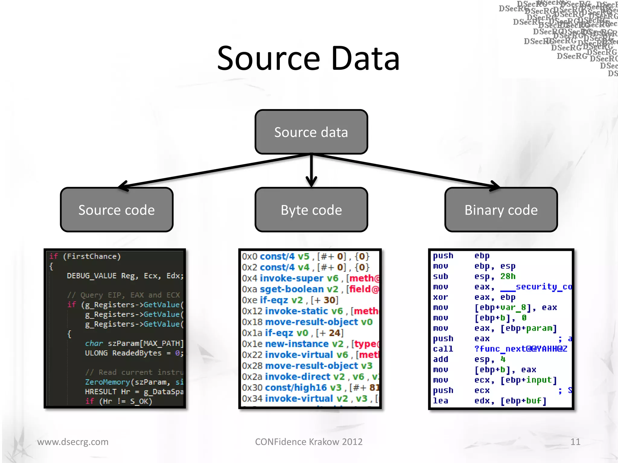 Source Data
                           Source data




        Source code          Byte code           Binary code




www.dsecrg.com          CONFidence Krakow 2012                 11
 
