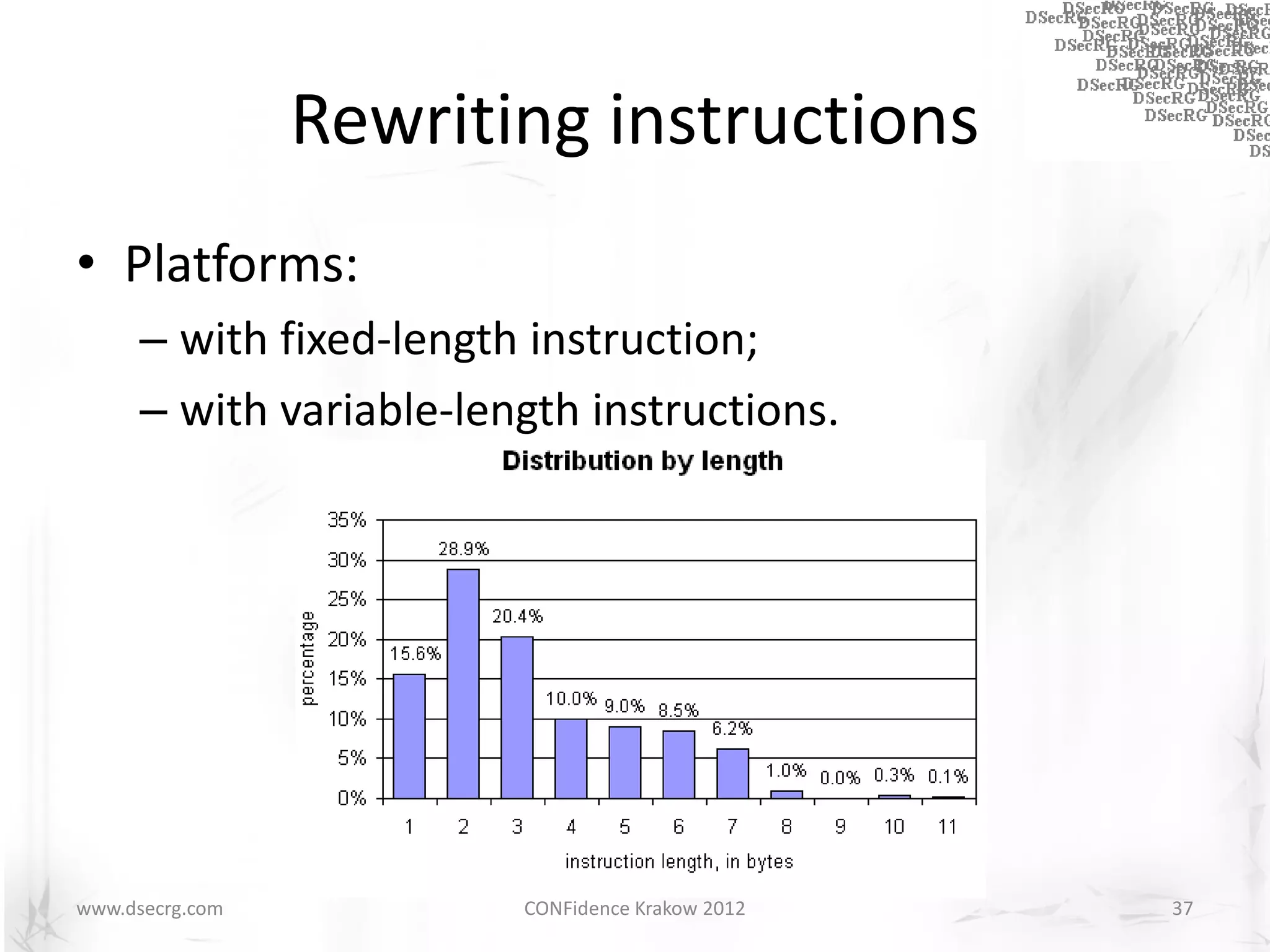 Rewriting instructions
• Platforms:
      – with fixed-length instruction;
      – with variable-length instructions.




www.dsecrg.com           CONFidence Krakow 2012   37
 