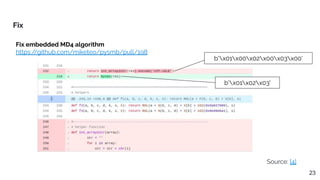 Fix
23
b'x01x00x02x00x03x00'
b'x01x02x03'
Fix embedded MD4 algorithm
https:/
/github.com/miketeo/pysmb/pull/198
Source: [4]
 