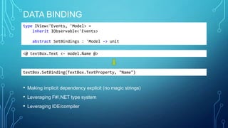 DATA BINDING
• Making implicit dependency explicit (no magic strings)
• Leveraging F#/.NET type system
• Leveraging IDE/compiler
type IView<'Events, 'Model> =
inherit IObservable<'Events>
abstract SetBindings : 'Model -> unit
<@ textBox.Text <- model.Name @>
textBox.SetBinding(TextBox.TextProperty, "Name")
 