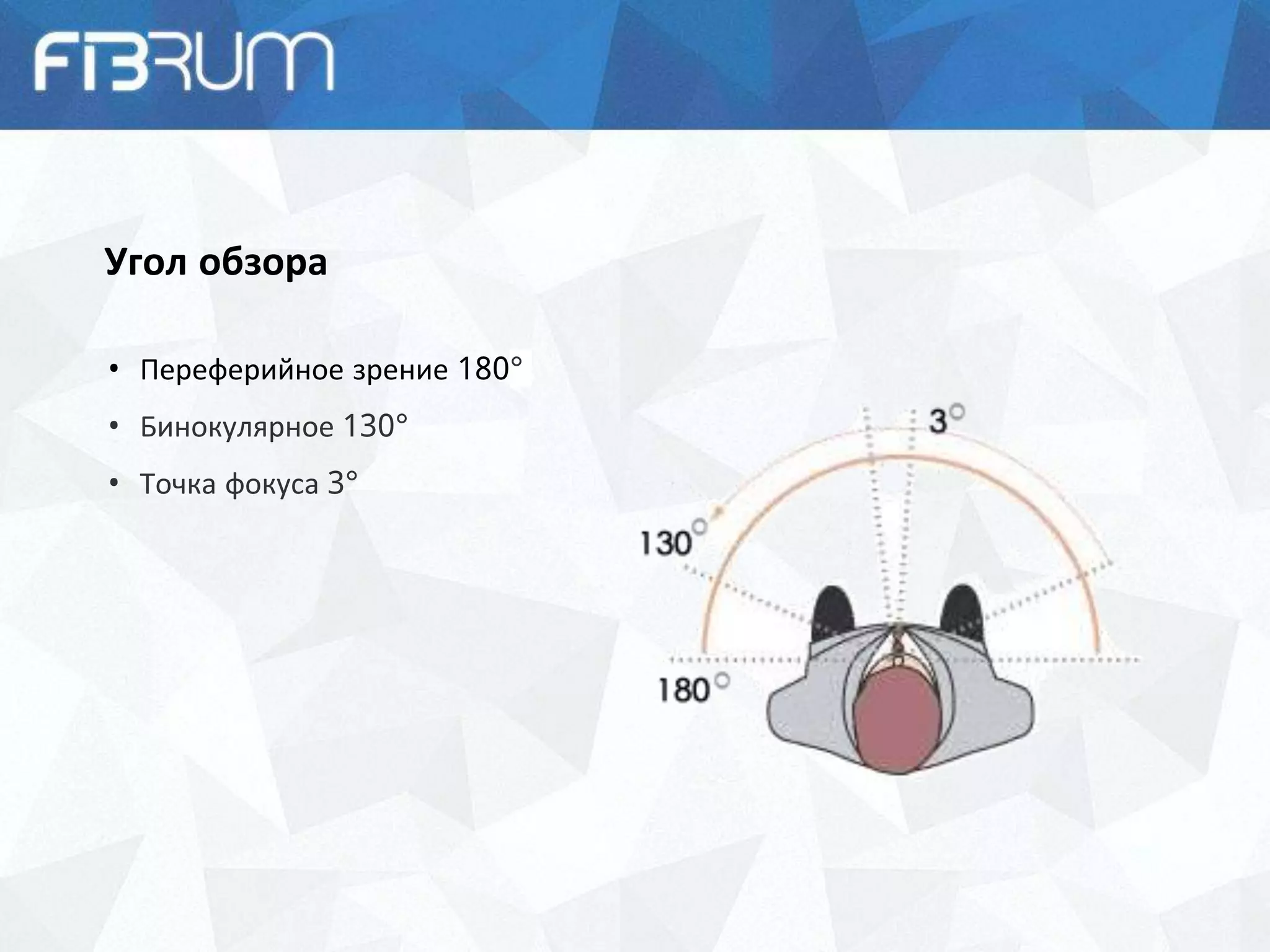 Угол обзора
• Переферийное зрение 180°
• Бинокулярное 130°
• Точка фокуса 3°
 
