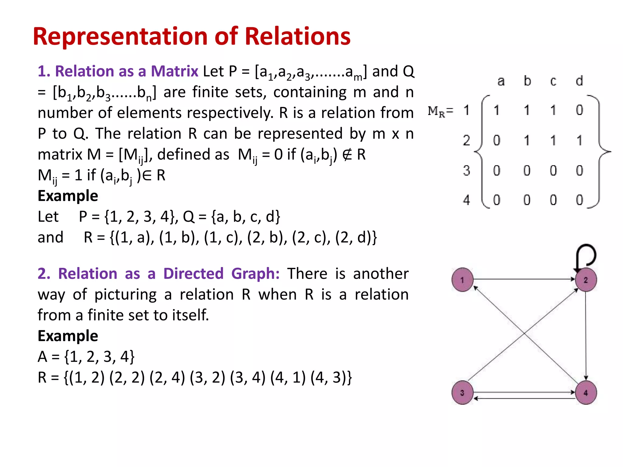 Representation of Relations
1. Relation as a Matrix Let P = [a1,a2,a3,.......am] and Q
= [b1,b2,b3......bn] are finite sets, containing m and n
number of elements respectively. R is a relation from
P to Q. The relation R can be represented by m x n
matrix M = [Mij], defined as Mij = 0 if (ai,bj) ∉ R
Mij = 1 if (ai,bj )∈ R
Example
Let P = {1, 2, 3, 4}, Q = {a, b, c, d}
and R = {(1, a), (1, b), (1, c), (2, b), (2, c), (2, d)}
2. Relation as a Directed Graph: There is another
way of picturing a relation R when R is a relation
from a finite set to itself.
Example
A = {1, 2, 3, 4}
R = {(1, 2) (2, 2) (2, 4) (3, 2) (3, 4) (4, 1) (4, 3)}
 