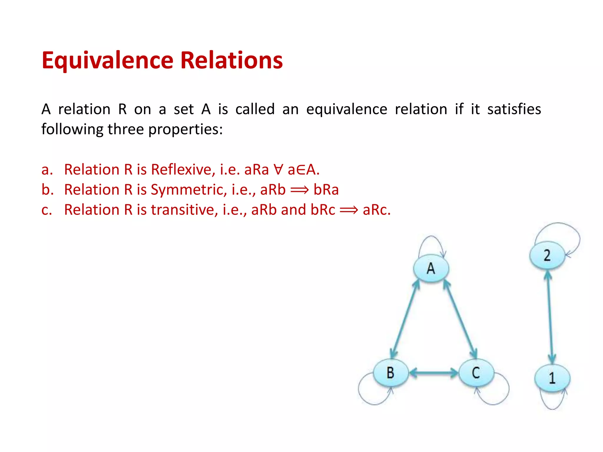 Equivalence Relations
A relation R on a set A is called an equivalence relation if it satisfies
following three properties:
a. Relation R is Reflexive, i.e. aRa ∀ a∈A.
b. Relation R is Symmetric, i.e., aRb ⟹ bRa
c. Relation R is transitive, i.e., aRb and bRc ⟹ aRc.
 