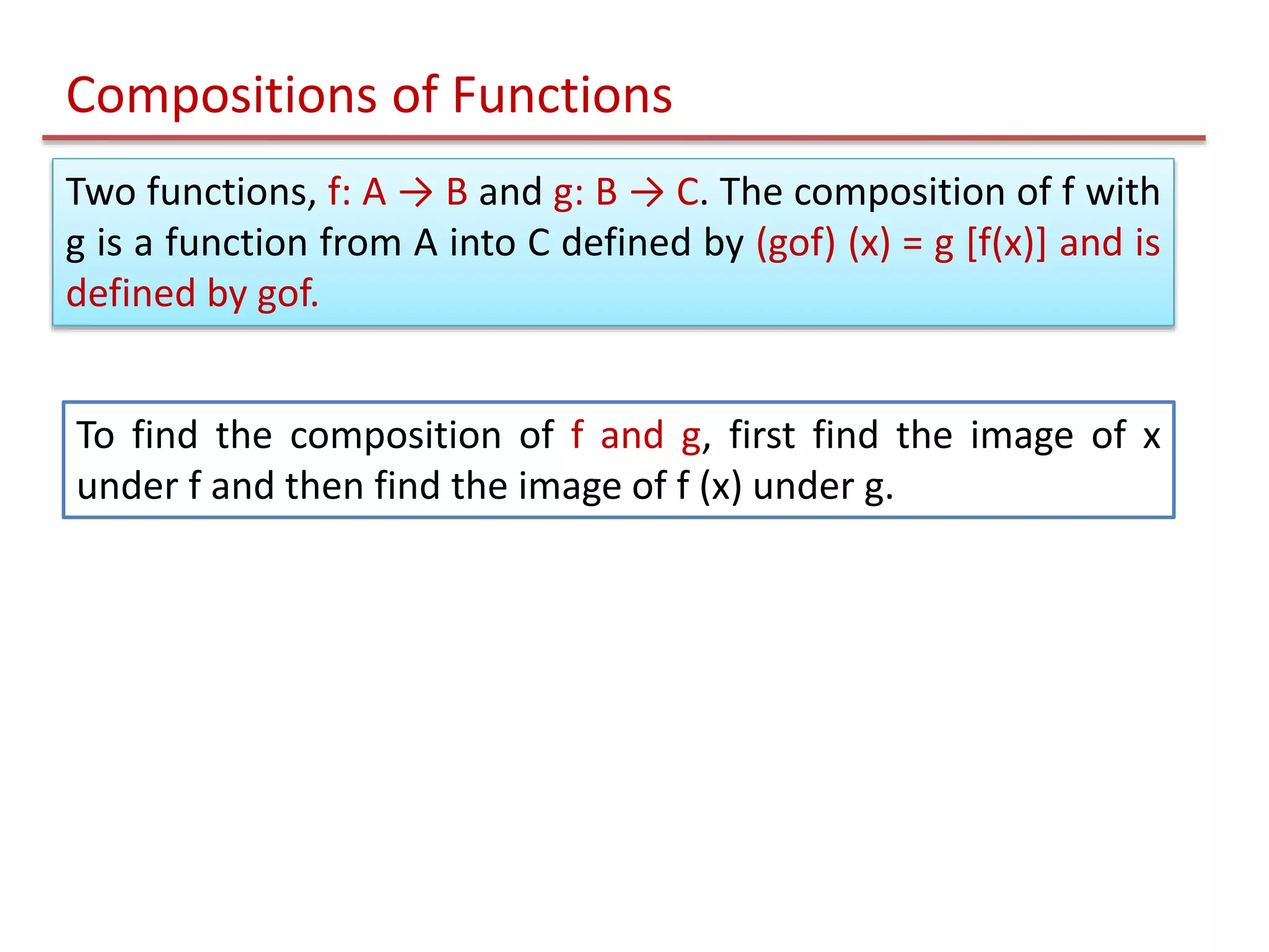 Compositions of Functions
Two functions, f: A → B and g: B → C. The composition of f with
g is a function from A into C defined by (gof) (x) = g [f(x)] and is
defined by gof.
To find the composition of f and g, first find the image of x
under f and then find the image of f (x) under g.
 