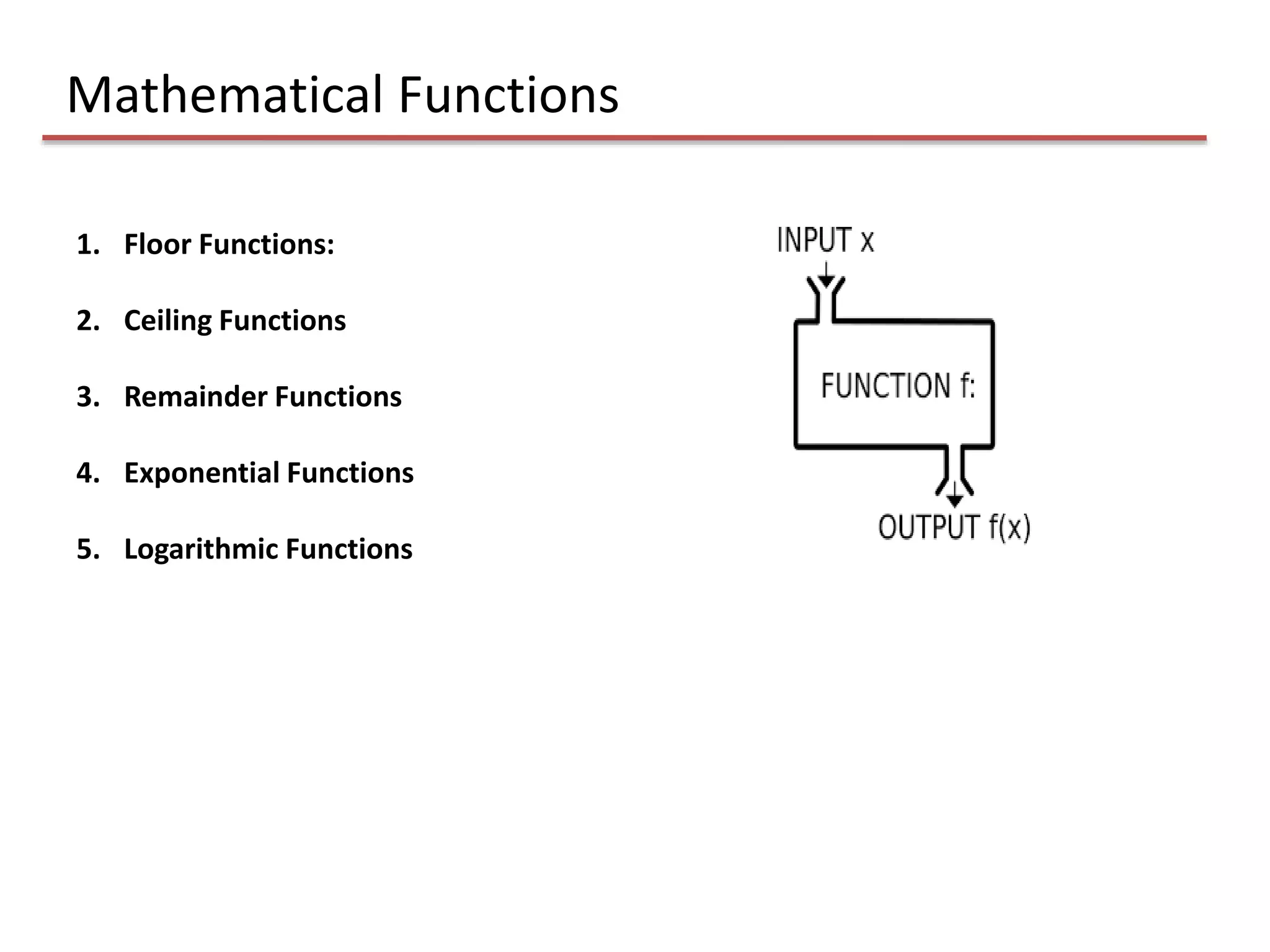 Mathematical Functions
1. Floor Functions:
2. Ceiling Functions
3. Remainder Functions
4. Exponential Functions
5. Logarithmic Functions
 