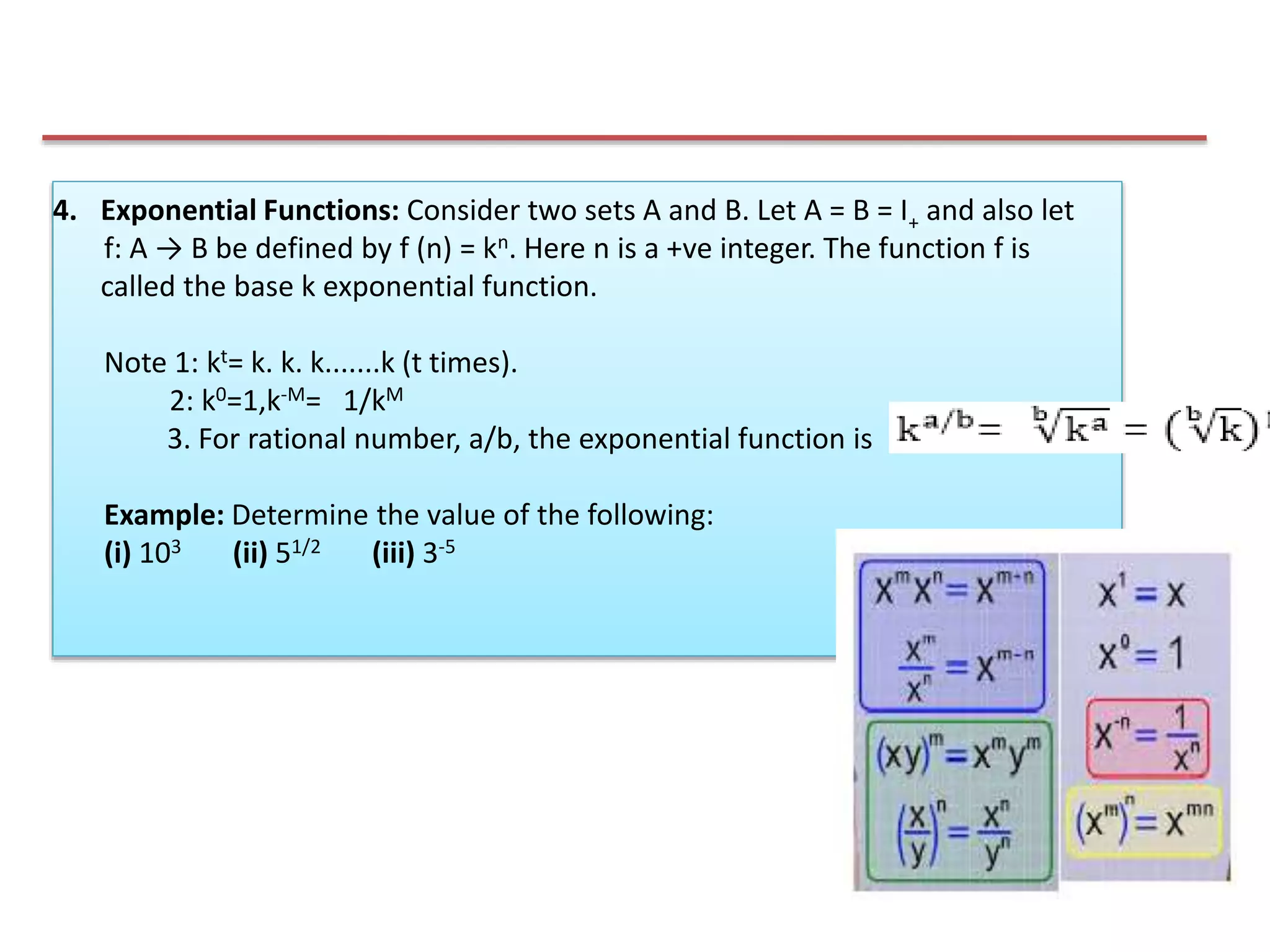 4. Exponential Functions: Consider two sets A and B. Let A = B = I+ and also let
f: A → B be defined by f (n) = kn. Here n is a +ve integer. The function f is
called the base k exponential function.
Note 1: kt= k. k. k.......k (t times).
2: k0=1,k-M= 1/kM
3. For rational number, a/b, the exponential function is
Example: Determine the value of the following:
(i) 103 (ii) 51/2 (iii) 3-5
 