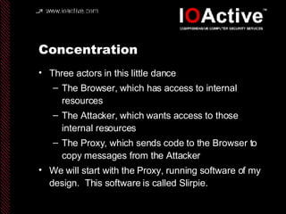 Concentration Three actors in this little dance The Browser, which has access to internal resources The Attacker, which wants access to those internal resources The Proxy, which sends code to the Browser to copy messages from the Attacker We will start with the Proxy, running software of my design.  This software is called Slirpie. 