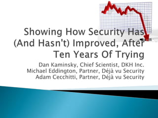 Showing How Security Has (And Hasn't) Improved, After Ten Years Of Trying Dan Kaminsky, Chief Scientist, DKH Inc. Michael Eddington, Partner, Déjà vu Security Adam Cecchitti, Partner, Déjà vu Security 