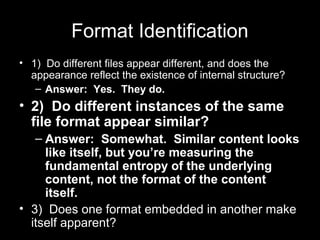 Format Identification
• 1) Do different files appear different, and does the
appearance reflect the existence of internal ...