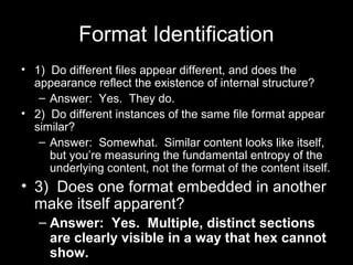 Format Identification
• 1) Do different files appear different, and does the
appearance reflect the existence of internal ...