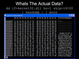 Whats The Actual Data?
dd if=kernel32.dll bs=1 skip=16100
| hexdump - | more
 