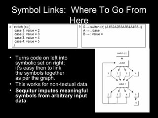 Symbol Links: Where To Go From
Here
• Turns code on left into
symbolic set on right;
it’s easy then to link
the symbols to...