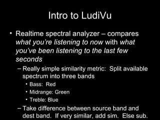 Intro to LudiVu
• Realtime spectral analyzer – compares
what you’re listening to now with what
you’ve been listening to th...