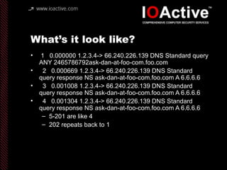 What’s it look like?
• 1 0.000000 1.2.3.4-> 66.240.226.139 DNS Standard query
ANY 2465786792ask-dan-at-foo-com.foo.com
• 2 0.000669 1.2.3.4-> 66.240.226.139 DNS Standard
query response NS ask-dan-at-foo-com.foo.com A 6.6.6.6
• 3 0.001008 1.2.3.4-> 66.240.226.139 DNS Standard
query response NS ask-dan-at-foo-com.foo.com A 6.6.6.6
• 4 0.001304 1.2.3.4-> 66.240.226.139 DNS Standard
query response NS ask-dan-at-foo-com.foo.com A 6.6.6.6
– 5-201 are like 4
– 202 repeats back to 1
 