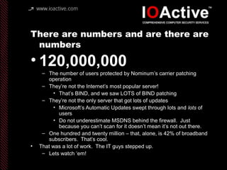 There are numbers and are there are
numbers
• 120,000,000
– The number of users protected by Nominum’s carrier patching
operation
– They’re not the Internet’s most popular server!
• That’s BIND, and we saw LOTS of BIND patching
– They’re not the only server that got lots of updates
• Microsoft’s Automatic Updates swept through lots and lots of
users
• Do not underestimate MSDNS behind the firewall. Just
because you can’t scan for it doesn’t mean it’s not out there.
– One hundred and twenty million – that, alone, is 42% of broadband
subscribers. That’s cool.
• That was a lot of work. The IT guys stepped up.
– Lets watch ‘em!
 