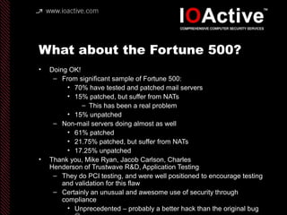 What about the Fortune 500?
• Doing OK!
– From significant sample of Fortune 500:
• 70% have tested and patched mail serve...